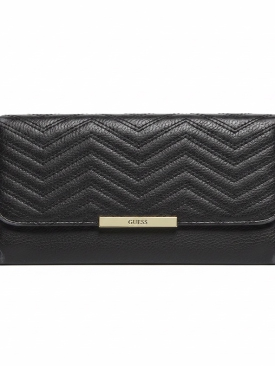 Guess Handbags - GUESS Cleopatra Black Chevron Quilted Faux Leather Flap Clutch Wallet Bag